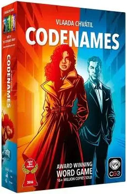 Codenames game box with two characters on a blue and orange background