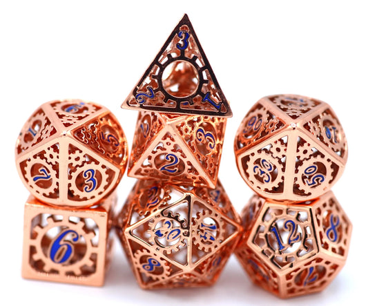Copper with Blue Enamel Hollow Metal Gears of Providence Dice Set