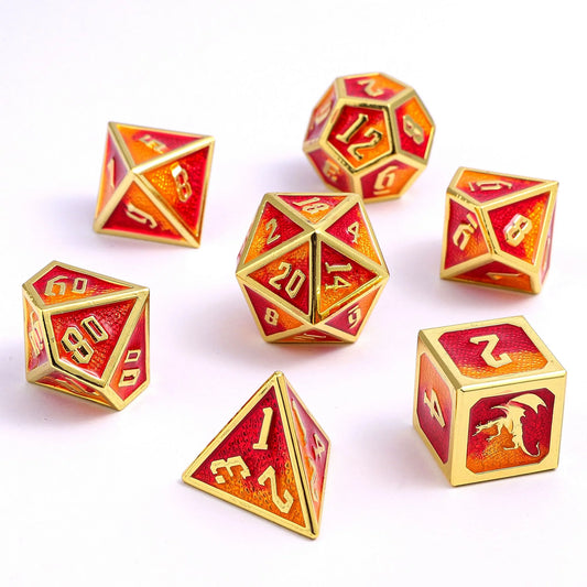 Draconis Dice Set - Gold with Red & Orange, Solid Metal