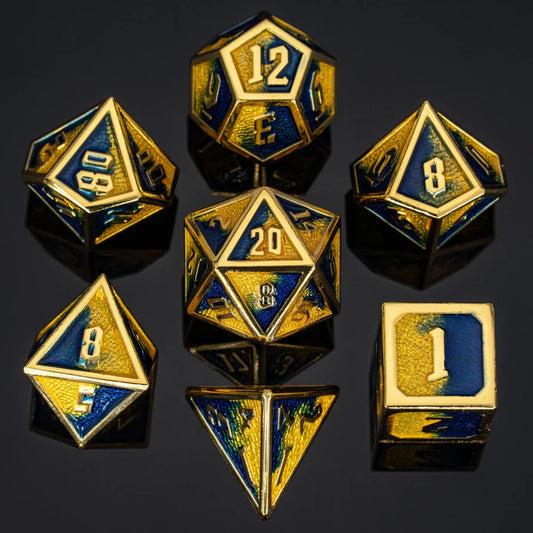 Draconis Dice Set - Gold w/ Yellow & Blue, Solid Metal