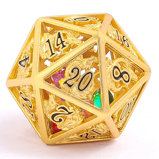 Dragon Dice Set Filled With Gems - Gold, Hollow Metal