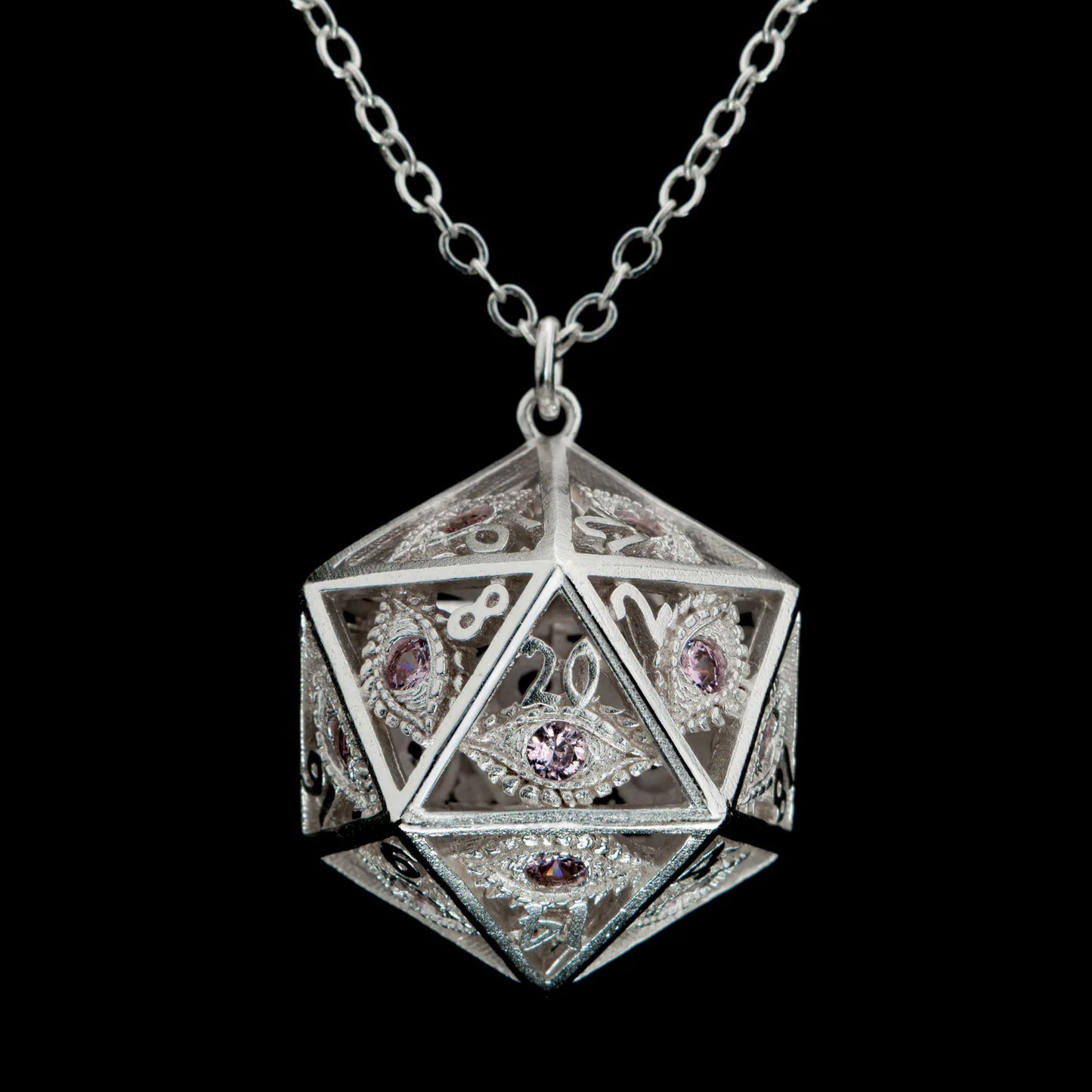 Dragon's Eye D20 Necklace - Silver w/ Pink Gems