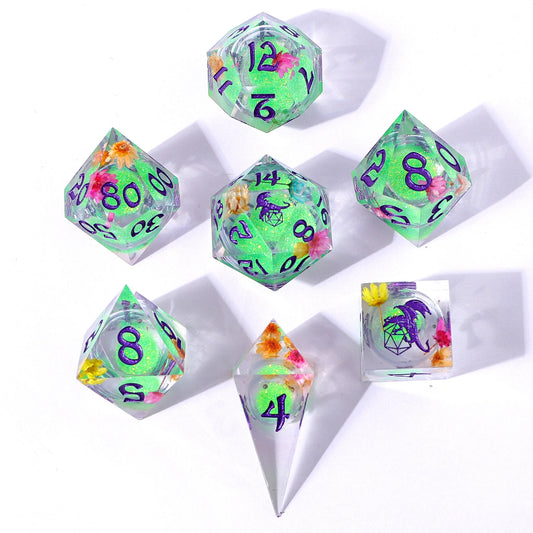 Captured Magic Liquid Core Dice Set - Ethereal Fields, Hand Sanded Sharp Edge Resin