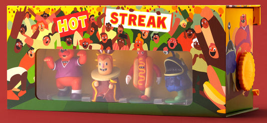 Colorful packaging of 'Hot Streak' with cartoon characters on a red background