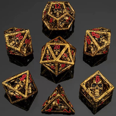 Skull's Grin Dice Set - Gold w/ Red, Hollow Metal