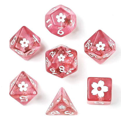 Wyrmforged Rollers Dice Set -  Pink w/ White Ink Sakura Blossom, Rounded Resin