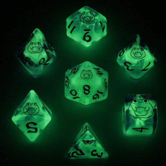 Bog Frog Dice Set - Gold & Glow in the Dark - Rounded Resin