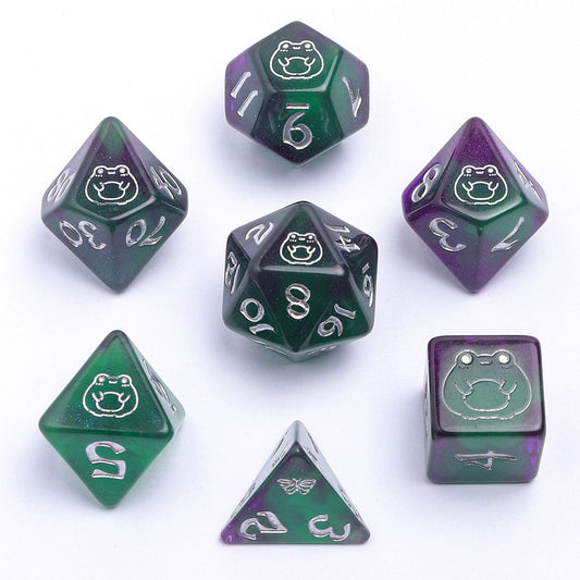 Bog Frog Dice Set - Silver & Glow in the Dark - Rounded Resin