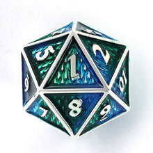 Hymgho 45mm Solid Metal Behemoth Spindown D20 - Silver with Blue & Green
