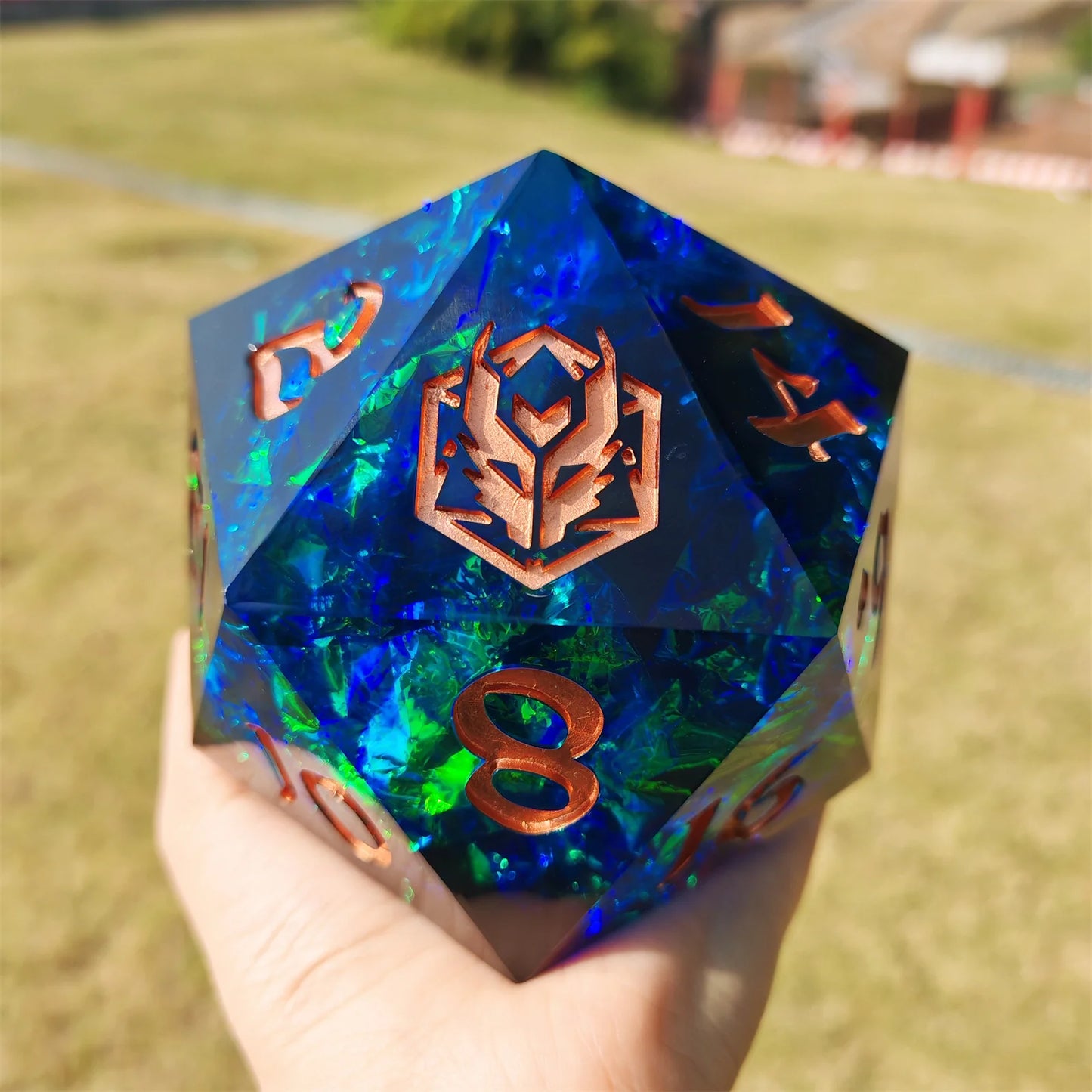 100mm Captured Magic Chonk D20 - Red & Blue, Hand Sanded Sharp Edge Resin