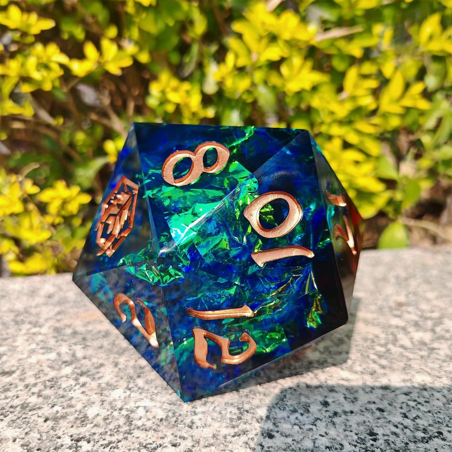 100mm Captured Magic Chonk D20 - Red & Blue, Hand Sanded Sharp Edge Resin