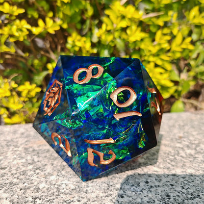 100mm Captured Magic Chonk D20 - Red & Blue, Hand Sanded Sharp Edge Resin