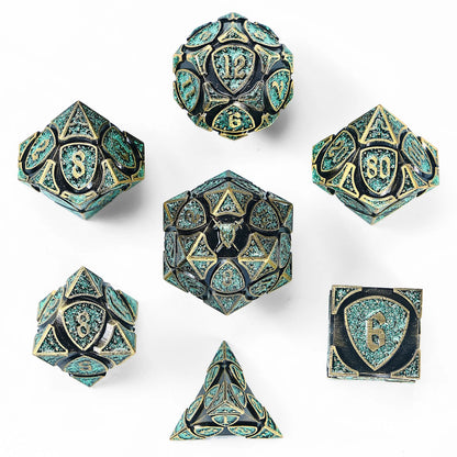 Solid Metal Fighter RPG Dice Set: Ancient Bronze w/ Green Glitter