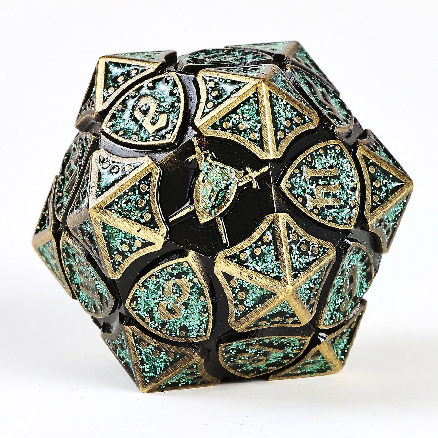 Solid Metal Fighter RPG Dice Set: Ancient Bronze w/ Green Glitter