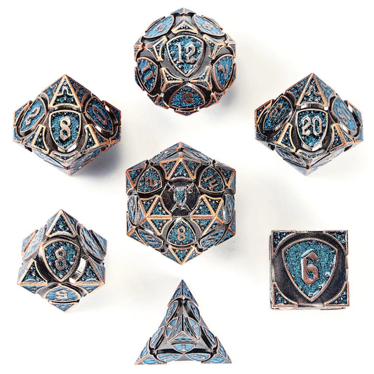 Hymgho Solid metal Fighter RPG Dice Set - Copper w/Blue Glitter