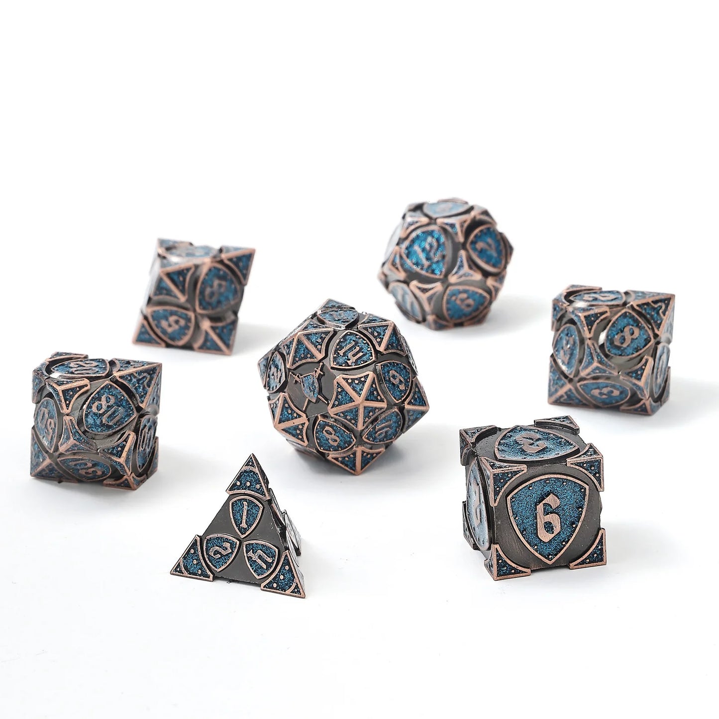 Hymgho Solid metal Fighter RPG Dice Set - Copper w/Blue Glitter