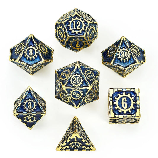Hymgho Solid metal Cogcraft Dice Set: Vault Dweller, Gold w/Blue