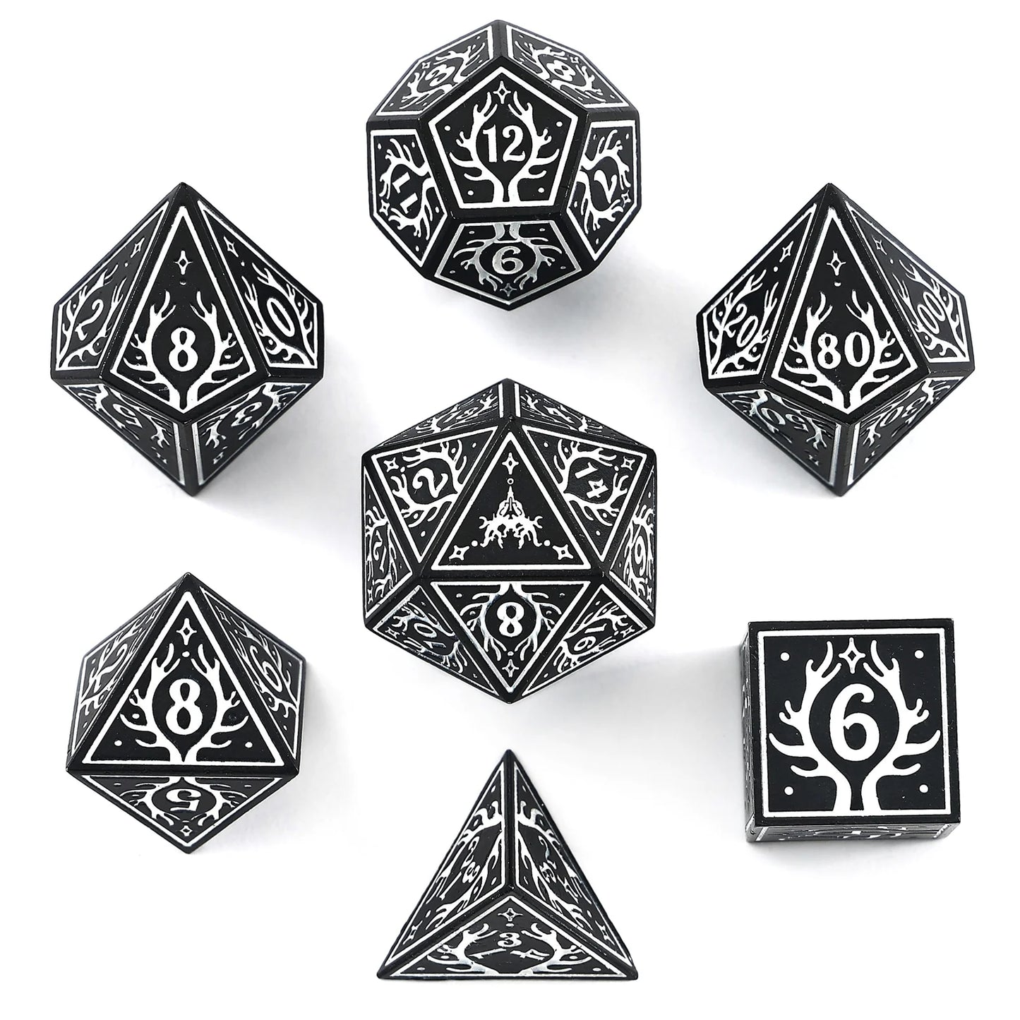 Hymgho Solid Metal Druid RPG Dice Set - Black w/White