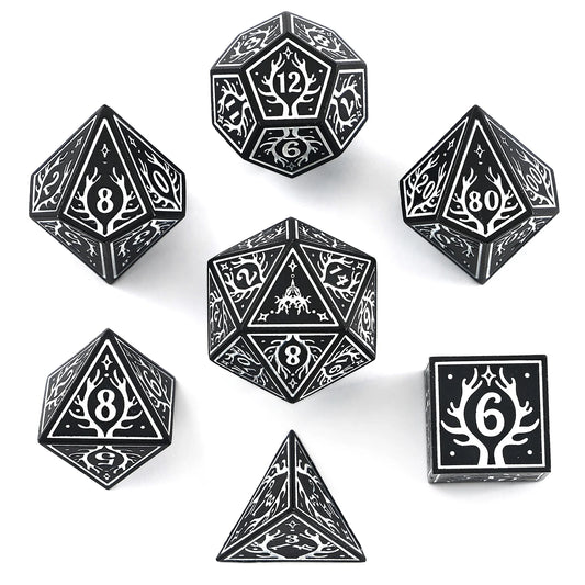 Hymgho Solid Metal Druid RPG Dice Set - Black w/White