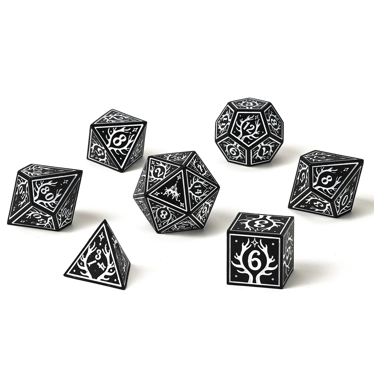 Hymgho Solid Metal Druid RPG Dice Set - Black w/White