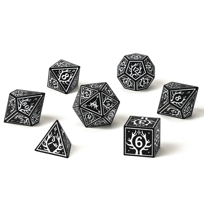 Hymgho Solid Metal Druid RPG Dice Set - Black w/White