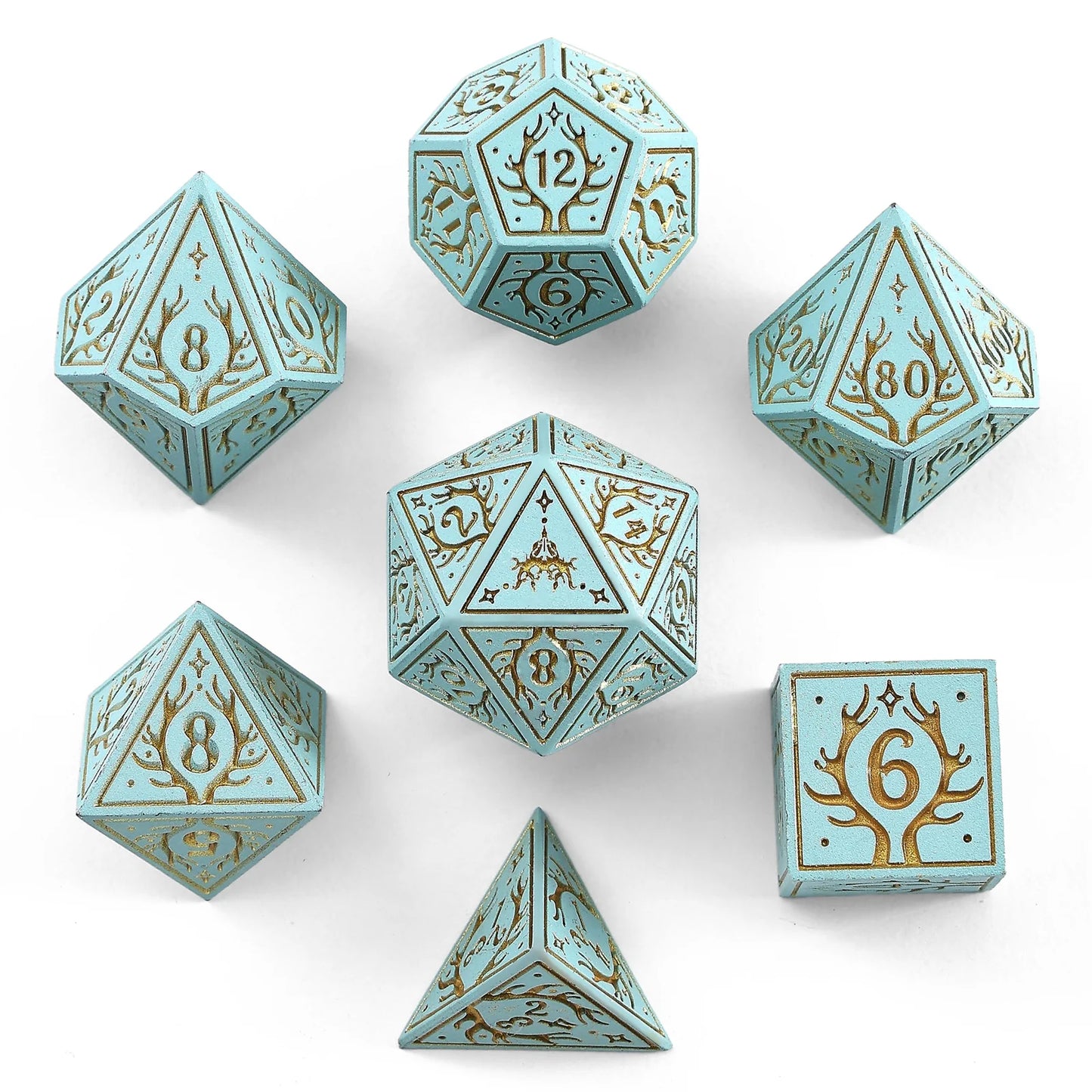 Solid Metal Druid RPG Dice Set - Pale Cyan w/ Gold