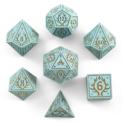 Solid Metal Druid RPG Dice Set - Pale Cyan w/ Gold