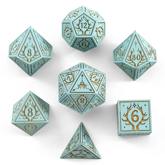 Solid Metal Druid RPG Dice Set - Pale Cyan w/ Gold