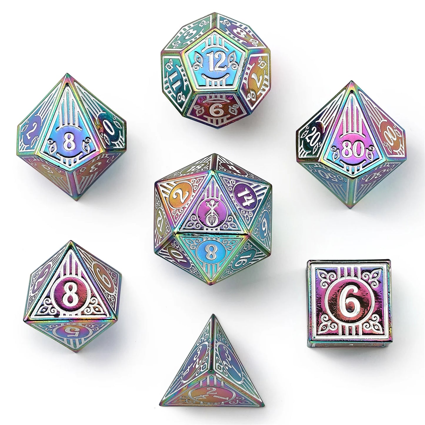 Hymgho Solid Metal Bard RPG Dice Set - Rainbow w/White