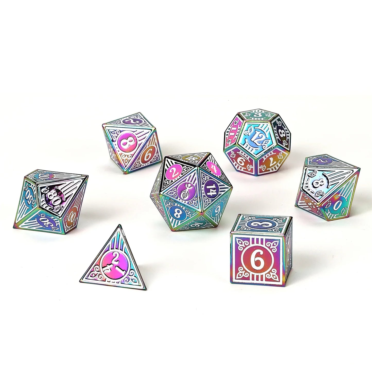 Hymgho Solid Metal Bard RPG Dice Set - Rainbow w/White
