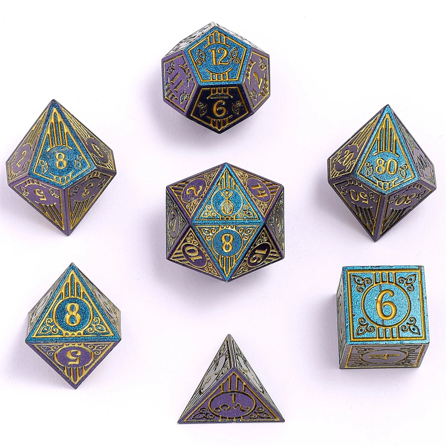 Hymgho Solid Metal Bard RPG Dice Set - Glitter Blue w/Gold