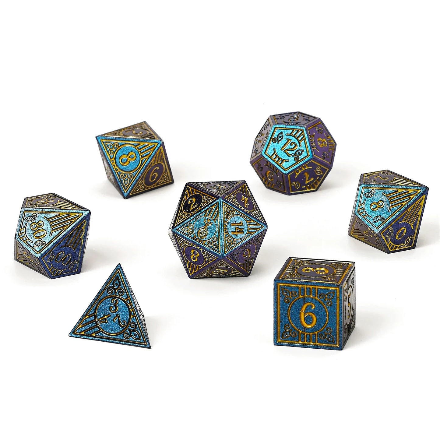 Hymgho Solid Metal Bard RPG Dice Set - Glitter Blue w/Gold