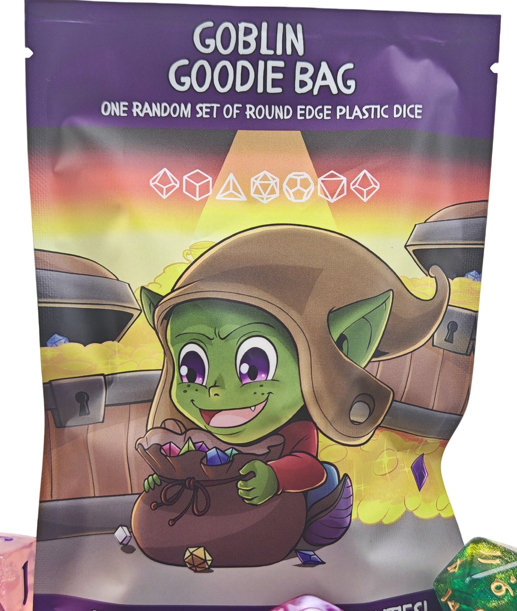 Goblin Goodie Bag with colorful dice set on a white background