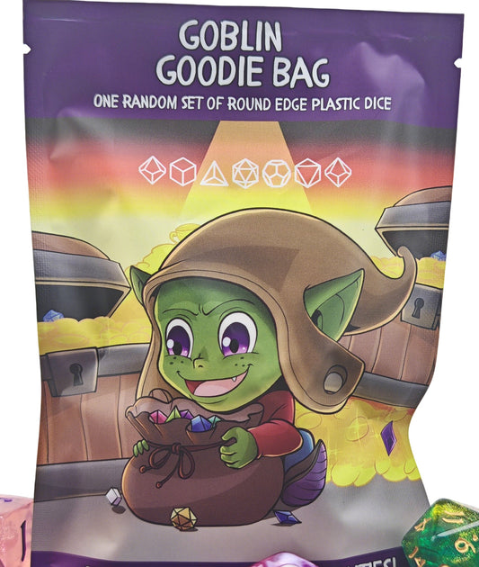 Goblin Goodie Bag with colorful dice set on a white background