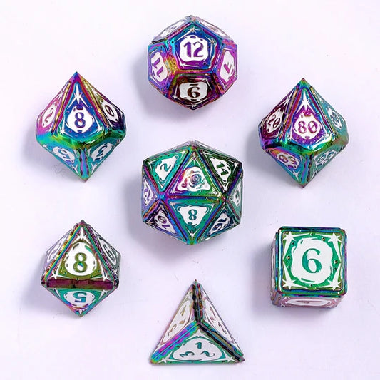 Sorcerer Dice Set - Rainbow w/ White, Solid Metal