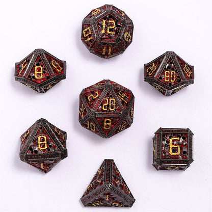 Hollow Metal Necromancer Dice Set - Gunmetal w/Gold And Red