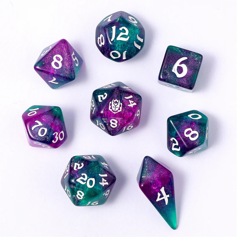 Jester's Cloak- Wyrmforged Rollers Rounded Edge 8 Piece Dice Set