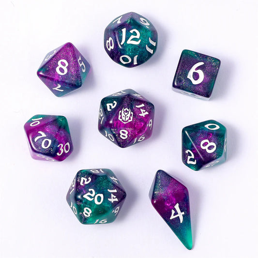Jester's Cloak- Wyrmforged Rollers Rounded Edge 8 Piece Dice Set