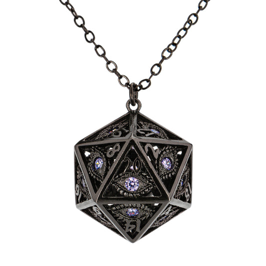 Dragon's Eye D20 Necklace - Gunmetal w/ Purple Gems