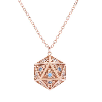Dragon's Eye D20 Necklace - Rose Gold w/ Blue Gems