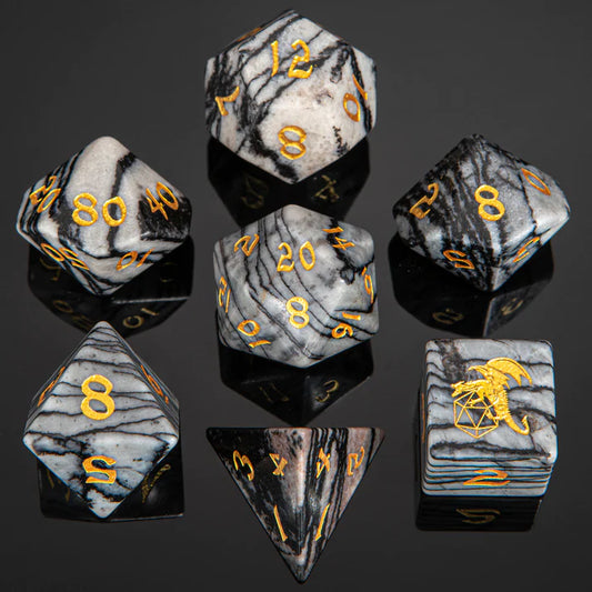 Dragon's Hoard Gemstone - Black Network Agate - Dice Set with Deluxe Case