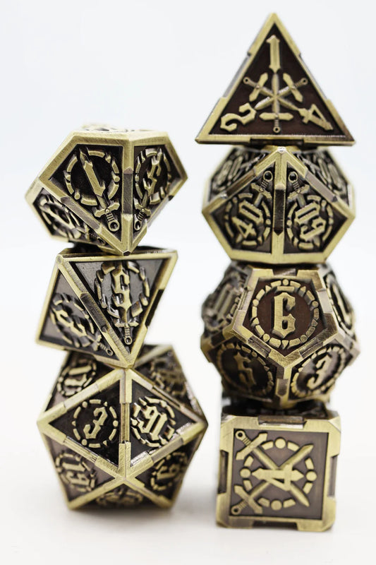Crossed Swords Dice Set - Timeworn Sword - Metal RPG Dice Set