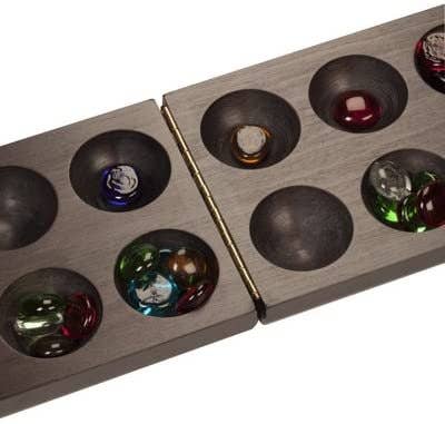 Folding Mancala Game - Dark Stained Wood & Glass Stones