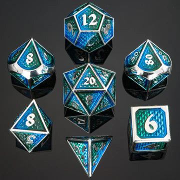 Behemoth Dice Set - Silver with Green & Blue, Solid Metal