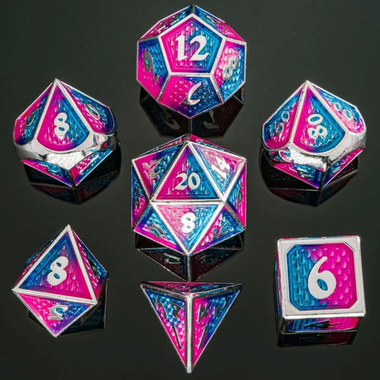 Small Behemoth Dice Set - Silver with Pink & Blue, Solid Metal