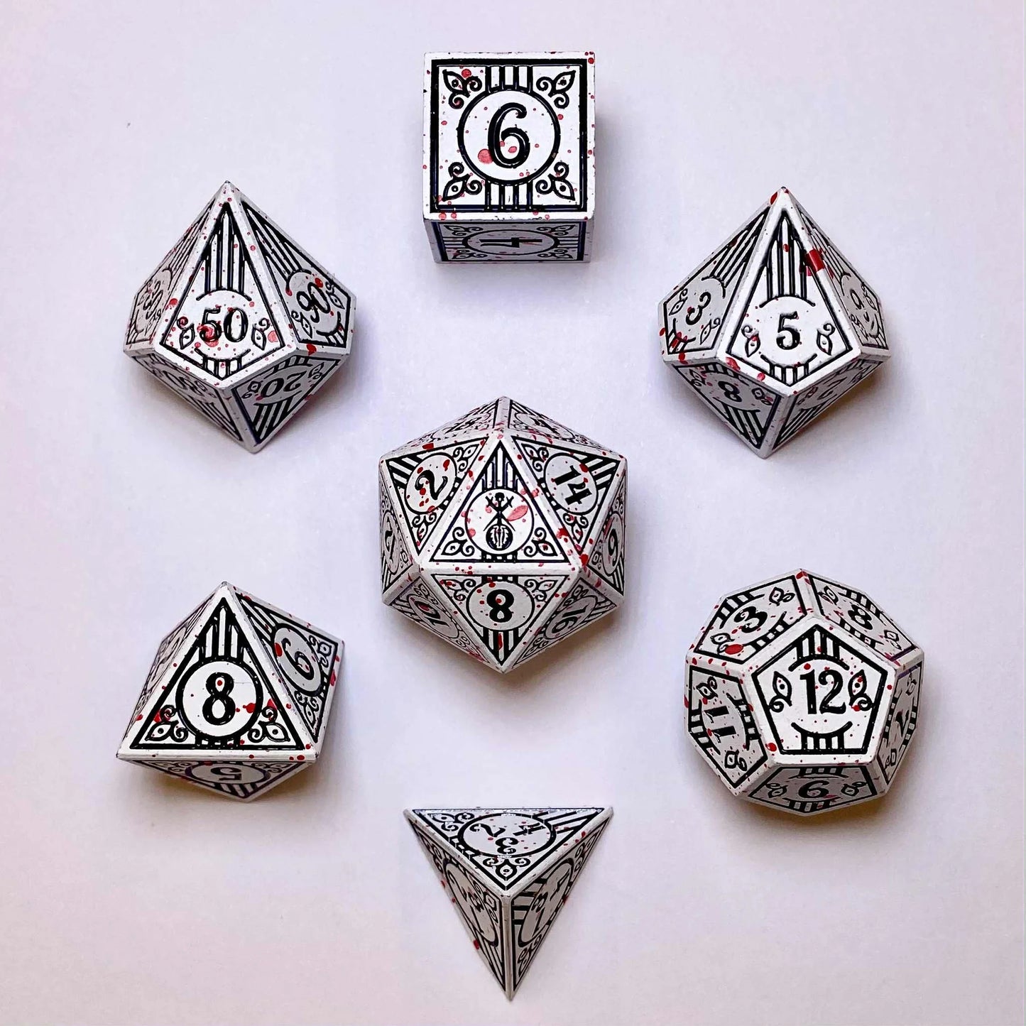 Solid Metal Bard RPG Dice Set - White w/ Blood Splatter
