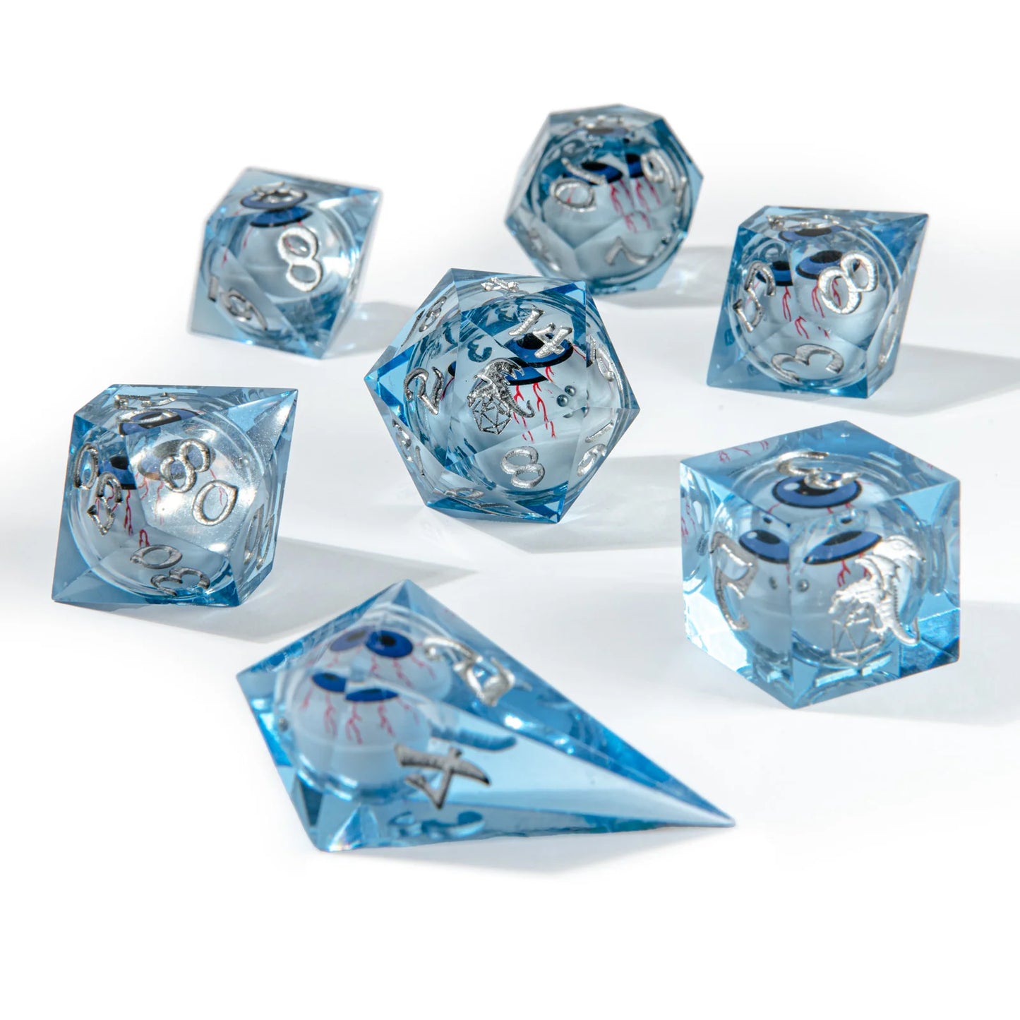 Captured Magic Liquid Core Dice Set - Always Watching Blue Eyes, Hand Sanded Sharp Edge Resin