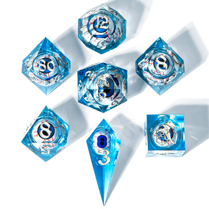 Captured Magic Liquid Core Dice Set - Always Watching Blue Eyes, Hand Sanded Sharp Edge Resin