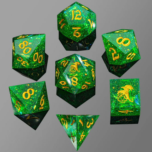 Captured Magic Dice Set - Green Hand Sanded Sharp Edge Resin