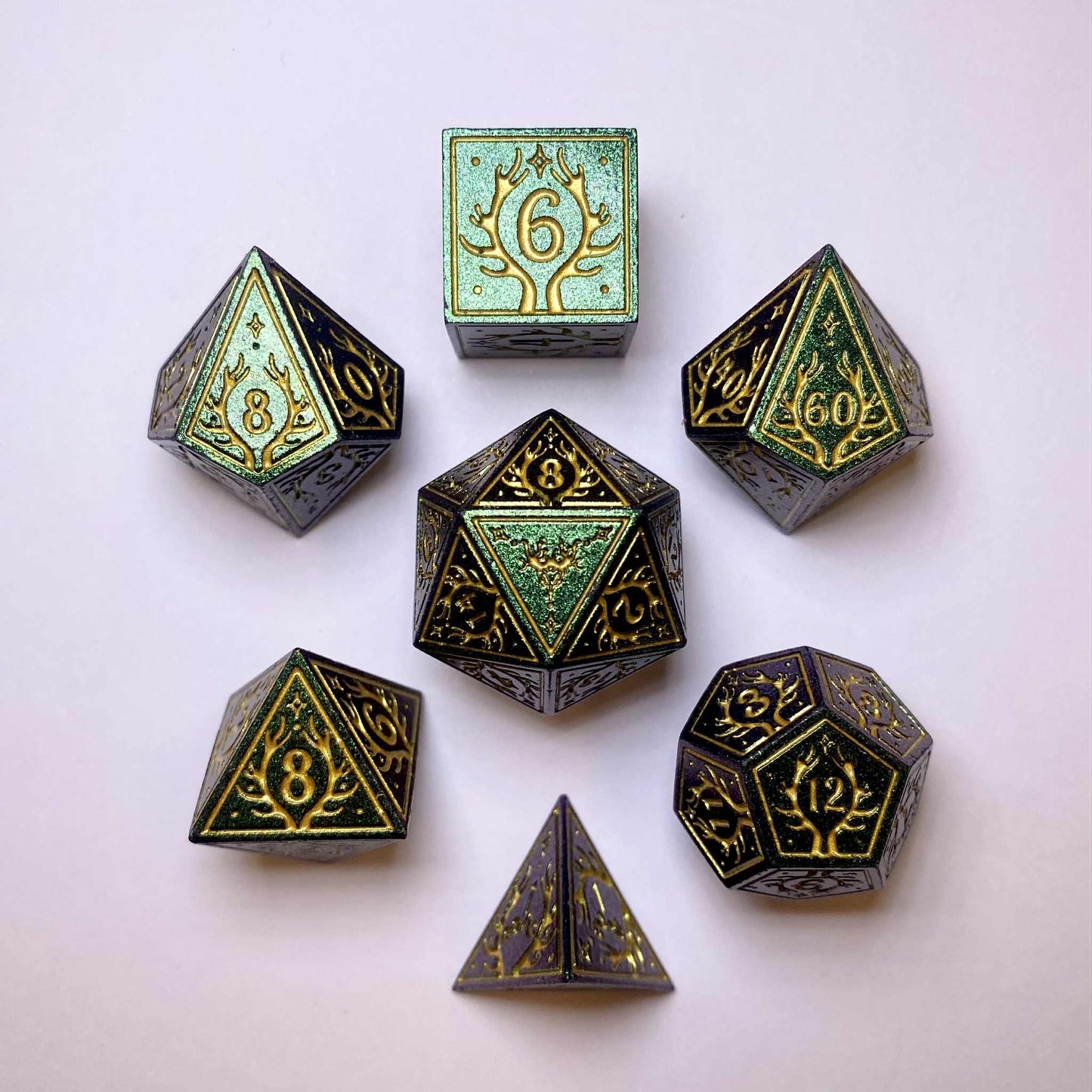 Hymgho Solid Metal Druid RPG Dice Set - Glitter Green w/Gold
